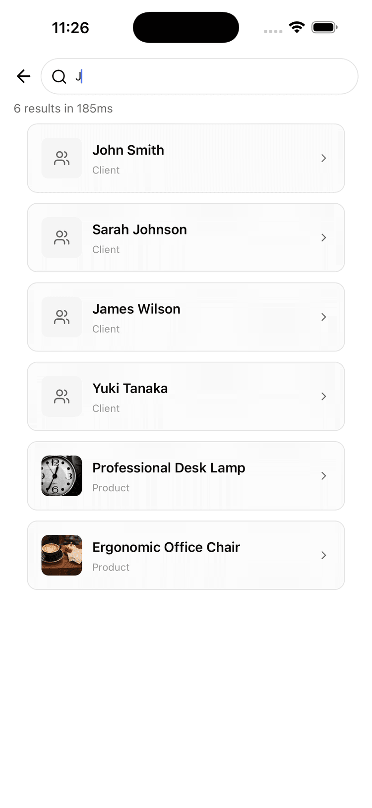 Screenshot search page on mobile app