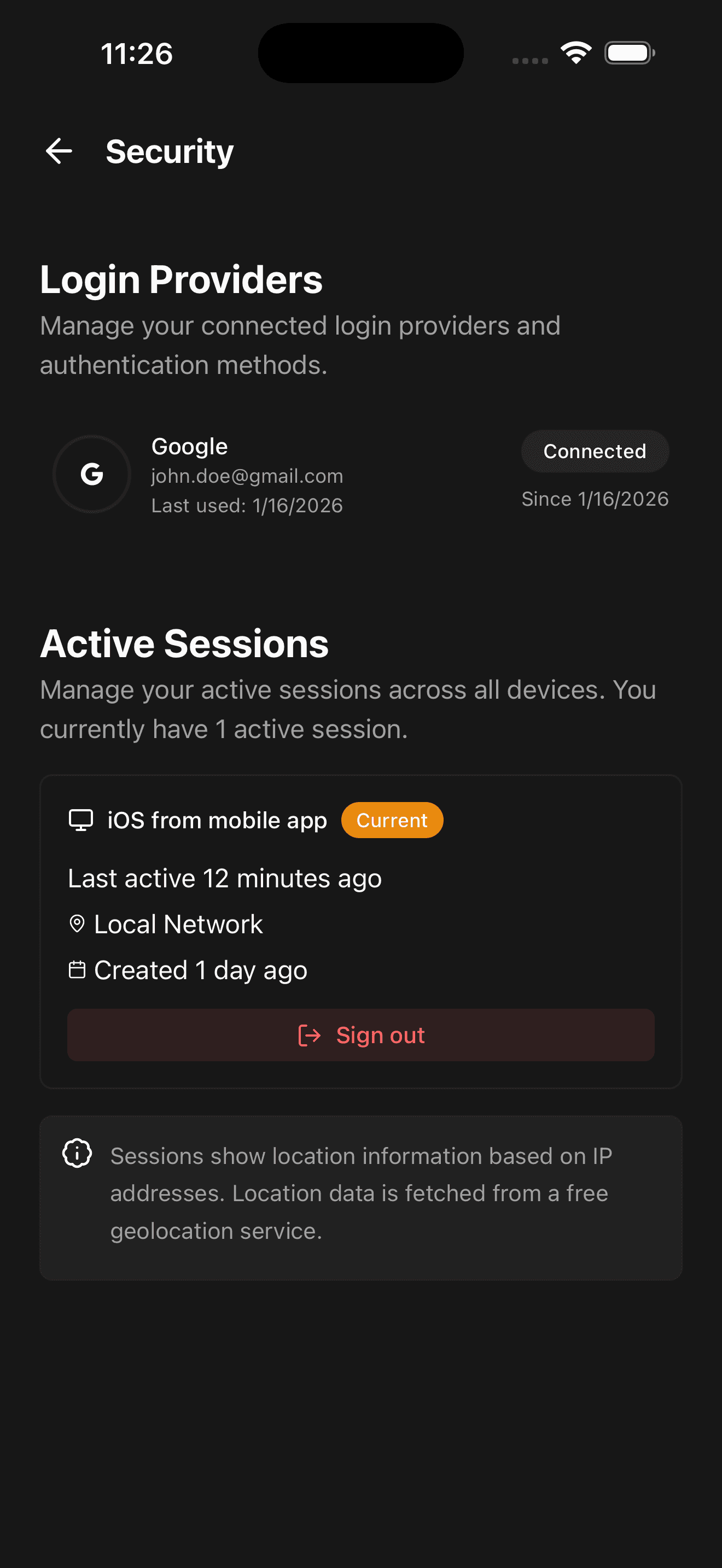 Security Settings - Dark Mode